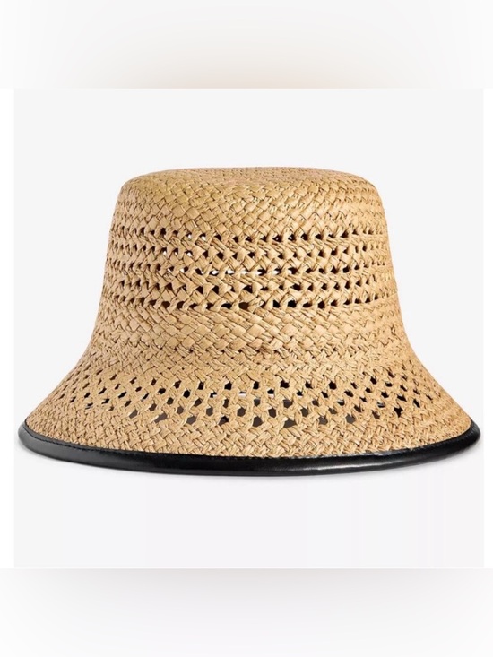 NWT On 34th Women’s Woven Straw Bucket Adjustable Hat, Tan & Black Contrast Edge